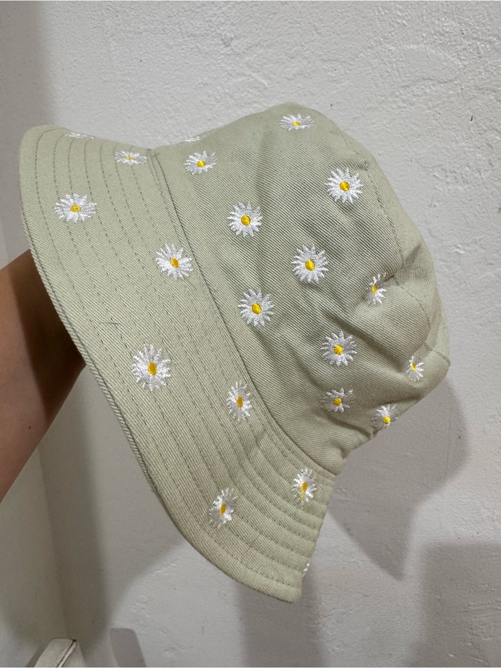 Bucket Hat with White Daisy Embroidery in Light Sage - Picture 6 of 8